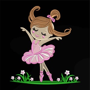 May include: An embroidered design of a young ballerina in a pink tutu and ballet shoes, arms gracefully extended. Her brown hair is styled in a bun with a pink bow. White and pink flowers and green grass are at her feet, set against a black background.
