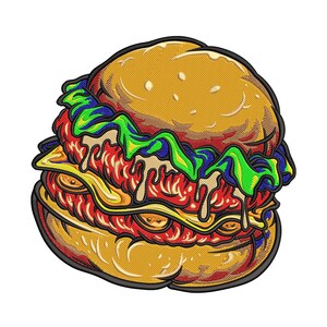 May include: Embroidered patch of a cartoon burger with a sesame seed bun, dripping sauce, lettuce, cheese, and a red patty. The burger has a black outline and is on a white background.