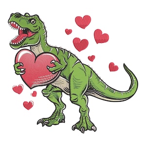 May include: A green Tyrannosaurus Rex holds a large red heart, surrounded by smaller red hearts. The dinosaur has its mouth open, revealing teeth and a red tongue. The image is a cartoon-style illustration, perfect for Valentine's Day or a dinosaur-themed design.
