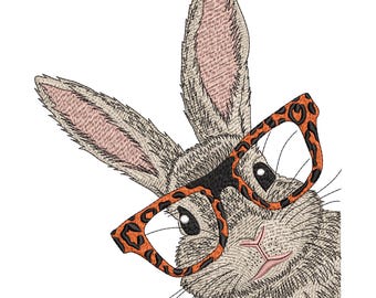 Bunny with Glasses Embroidery Design, Rabbit Leopard Machine Embroidery Digital File, Instant Download