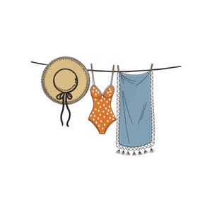 Puede incluir: Ilustración de artículos de playa de verano colgados en un tendedero. Se muestra un sombrero de paja con una cinta negra, un traje de baño naranja con lunares y una toalla de playa azul con flecos.