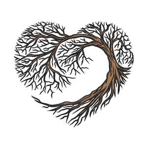 May include: An intricate illustration of a tree forming a heart shape. The tree features a brown trunk and branches, with detailed black lines. The design is set against a plain white background, providing a strong visual contrast.
