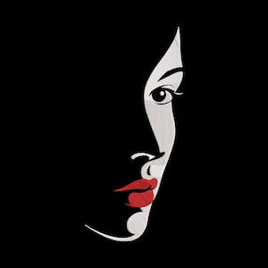 以下が含まれることがあります： 黒い背景に白い糸で描かれた、女性の横顔の刺繍デザイン。唇は鮮やかな赤色で、目は詳細に描かれています。このデザインは、ミニマリストで芸術的な表現です。