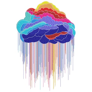 Może przedstawiać: Kolorowy wzór chmury z tęczą kolorów, w tym niebieskim, czerwonym, żółtym i fioletowym. Chmura ma teksturowany, haftowany wygląd z pionowymi liniami koloru przypominającymi deszcz.
