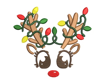 Christmas Reindeer Face Embroidery Design, Colorful Lights Machine Embroidery Pattern File, Instant Download