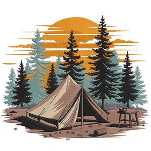 Camping Tent and Pine Forest Embroidery Design, Mountains and trees Machine Embroidery, Forest Machine Embroidery File, EMB, PES, Vp3, HUS