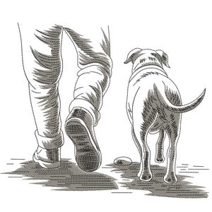 Puede incluir: Ilustración en blanco y negro de una persona paseando a un perro. Se ven las piernas y los pies de la persona, con pantalones y zapatillas. El perro camina delante, con la cola levantada. La imagen está sobre un fondo blanco.