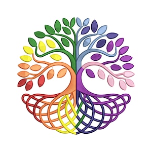 Puede incluir: Un diseño colorido del árbol de la vida con forma circular. El árbol presenta un arcoíris de colores, incluyendo rojo, naranja, amarillo, verde, azul y morado. Las raíces y las ramas están entrelazadas, con hojas en las ramas.