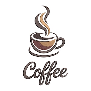 May include: An embroidered coffee cup design with steam rising above. The cup is brown with layers of dark brown, tan, and burgundy. The word "Coffee" is written in a cursive font below the cup.