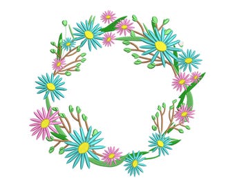 Floral Wreath Machine Embroidery Design, Pink and Blue Flowers Embroidery File, Instant Download