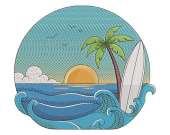 Beach Sunset Surfboard Embroidery Design, Tropical Ocean Machine Embroidery File, Instant Download