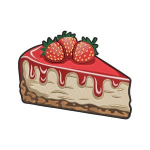 Puede incluir: Una porción de tarta de queso con glaseado rojo y tres fresas encima. La tarta de queso tiene un relleno beige claro y una corteza marrón. El glaseado rojo gotea por el costado. Las fresas son rojas con semillas amarillas y tallos verdes.