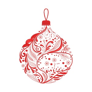 Może przedstawiać: Czerwona bombka choinkowa z misternym haftem kwiatowym i płatkami śniegu. Ozdoba ma pętlę do zawieszenia i jest umieszczona na białym tle. Projekt przedstawia szczegółowe liście i wiry.