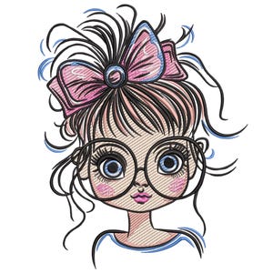 May include: An embroidered design of a girl's face with large round glasses, a pink bow, and curly black hair. The girl has blue eyes, pink cheeks, and a small pink mouth. The design is on a white background.