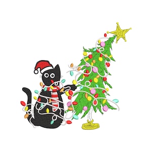 May include: A black cat wearing a Santa hat and a red and white striped scarf is tangled in Christmas lights. A green Christmas tree with colorful lights and a gold star topper is next to the cat. The image has a white background.