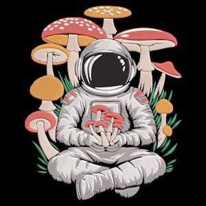 May include: An astronaut in a white spacesuit sits cross-legged, holding red mushrooms, surrounded by various colorful mushrooms and green grass against a black background. The illustration has a detailed, embroidered texture.
