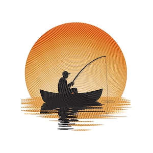 May include: A black silhouette of a person fishing from a boat at sunset. The image shows a person in a boat, with a fishing rod cast into the water. The background is a large orange sun with radiating lines.