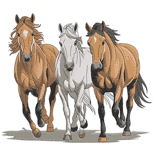 May include: An embroidered design of three horses running. The horses are depicted in brown and white, with detailed manes and tails. The design is set against a white background, with a shadow effect.