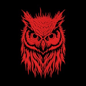 May include: A detailed red owl illustration against a black background. The owl's face is centered, showcasing intricate feather details and intense, focused eyes. The artwork has a textured, embroidered appearance, creating a striking contrast.