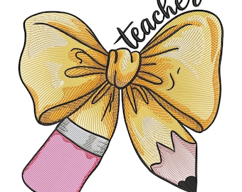 Teacher Pencil Bow Embroidery Design, Back to School Machine Embroidery File, Instant Download