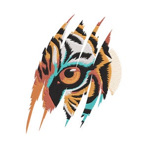 Puede incluir: Diseño bordado de ojo de tigre con acentos naranja, negro y turquesa. El diseño presenta un ojo y un patrón de pelaje detallados, con marcas de garras que crean un efecto rasgado. La obra de arte está sobre un fondo blanco.