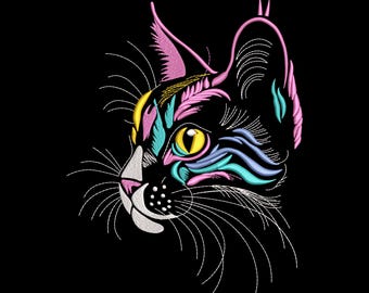 Kleurrijke kat gezicht lijnwerk borduurwerk ontwerp, neon stijl dier portret machine borduurwerk bestand