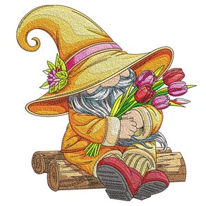 Spring Gnome Embroidery Design, Spring Gnome Embroidery File, Gnome with Daisy Embroidery, Gnome Embroidery Design EMB, PES, Vp3 File