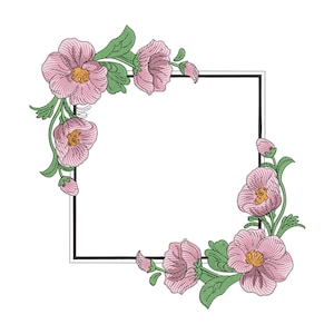 Può includere: Un design floreale con fiori rosa, centri gialli e foglie verdi, disposti attorno a una cornice quadrata bianca e nera. I fiori presentano un lavoro a linee dettagliato, creando un aspetto strutturato. Su sfondo bianco.