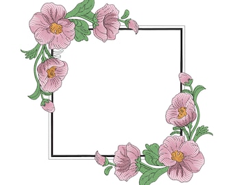 Floral Border Square Frame Embroidery Design, Flower Machine Embroidery Digital File, Instant Download