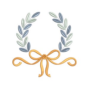 May include: A decorative wreath design with a gold bow and olive branches in shades of blue and green. The leaves are arranged symmetrically, with a detailed, embroidered appearance. The design is set against a white background.