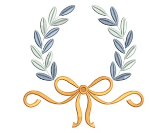 Floral Wreath with Bow Embroidery Design, Wedding Laurel Ribbon Machine Embroidery File, Instant Download