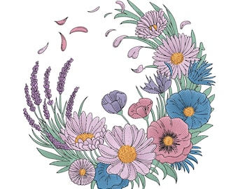 Wildflower Circle with Daisies Flowers Embroidery Design: Petals Blossom Wreath Machine Embroidery Digital File