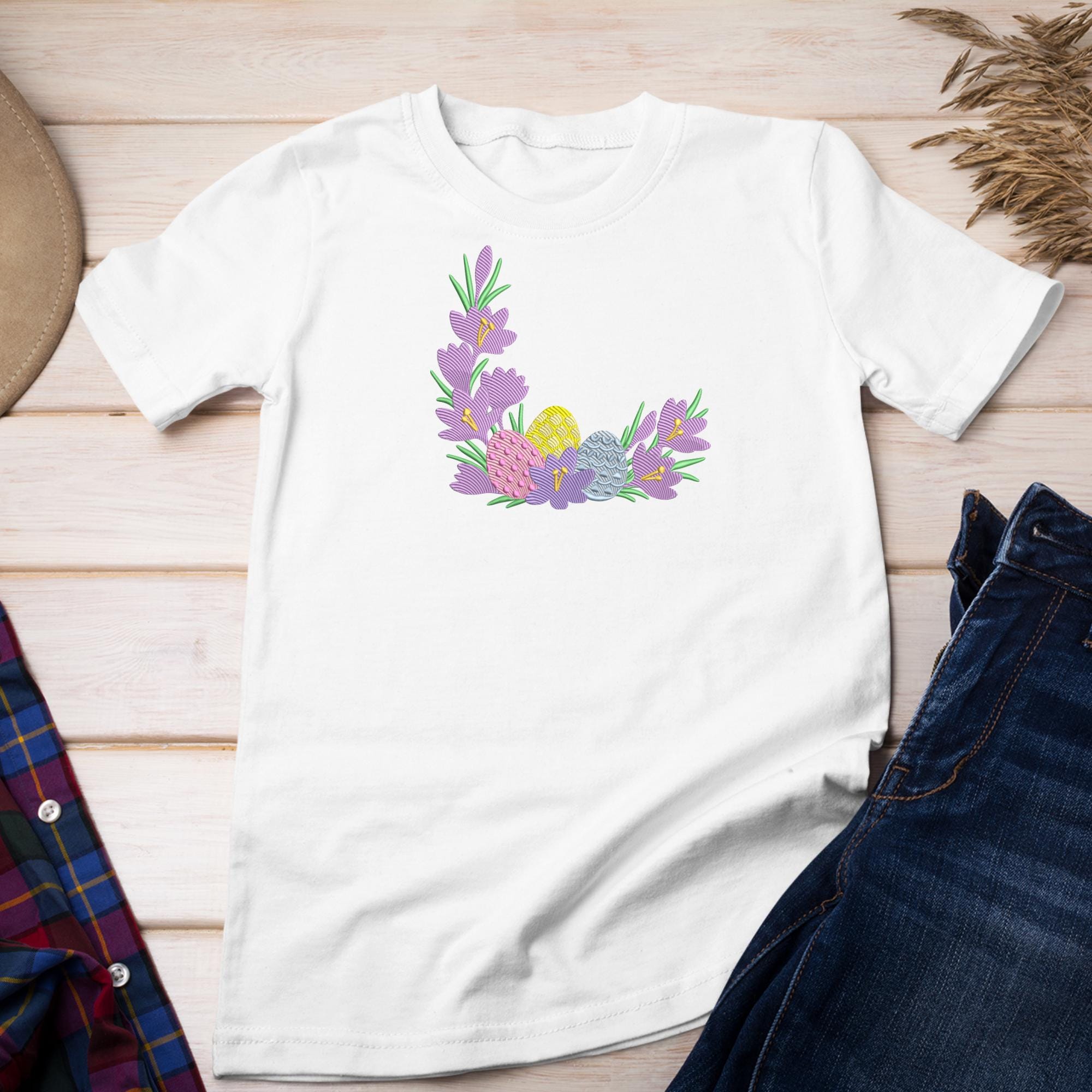 Easter Floral Corner Embroidery Design, Spring Flowers With Bunny Eggs ...