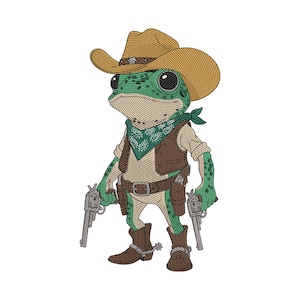 Könnte beinhalten: Cartoon-Illustration einer grünen Frosch-Cowboy-Figur. Der Frosch trägt einen braunen Cowboyhut, eine Weste und Stiefel, ein grünes Halstuch und einen Gürtel mit einem Holster, das eine Pistole enthält. Der Frosch hält zwei Pistolen.