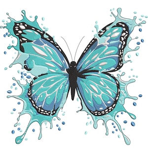 May include: A detailed illustration of a butterfly with turquoise and blue wings, accented with white and black details. The butterfly appears to be emerging from a splash of water, with droplets surrounding the wings. The design is set against a white background.