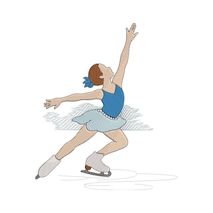 May include: An embroidered illustration of a figure skater in a blue leotard and skirt, with a pearl necklace. The skater is in motion, with one arm raised and the other extended. The image is set against a white background.
