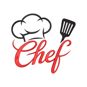 Könnte beinhalten: Ein Logo mit einem schwarzen Kochhut und Pfannenwender, mit dem Wort "Chef" in roter Schrift. Das Design befindet sich auf weißem Hintergrund, passend für kulinarische Produkte.