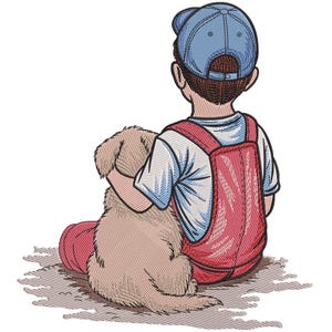 Può includere: Un disegno ricamato di un bambino con berretto blu e tuta rossa, seduto e che abbraccia un golden retriever. La schiena del bambino è girata e il cane è rivolto in avanti. Il disegno è su sfondo bianco.