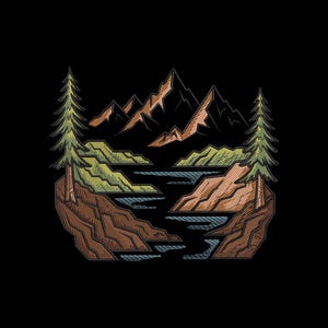 Może przedstawiać: Szczegółowa ilustracja krajobrazu górskiego z rzeką i drzewami. Grafika przedstawia czarne tło z brązowymi, zielonymi i niebieskimi elementami. Góry są brązowe i czarne, a drzewa zielone.