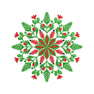 May include: A symmetrical floral design in red, green, and black against a white background. The design features a central starburst pattern with radiating leaves and flowers. The leaves are green, the flowers are red, and small black accents are present.