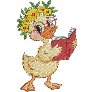Book Reading Duck with Flower Embroidery Design, Books Machine Embroidery File, Flower Book Embroidery Files, Book Lover Embroidery Design