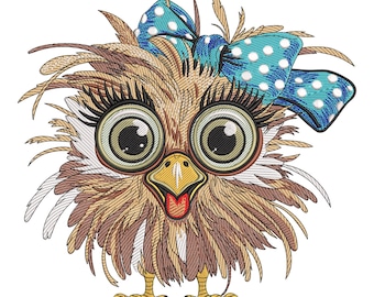 Whimsical Owl with Bow Embroidery Design, Funny Cartoon Bird Machine Embroidery File, Instant Download
