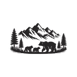Puede incluir: Silueta negra de una familia de osos caminando frente a una cordillera. Dos osos más pequeños siguen a un oso más grande, con pinos a ambos lados. El diseño está sobre un fondo blanco.