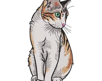 Diseño de bordado de gato sentado, realista y elegante, archivo de bordado a máquina de gatito, descarga instantánea (9 tamaños)