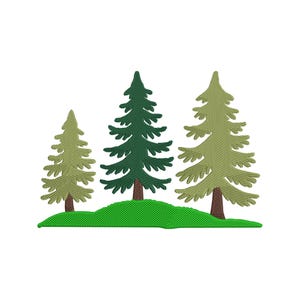 Puede incluir: Diseño bordado con tres árboles de hoja perenne estilizados en tonos verdes y beige. Los árboles se alzan sobre una colina verde texturizada, sobre un fondo blanco. El diseño evoca un tema natural y campestre.