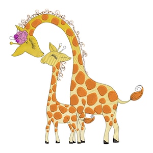 Könnte beinhalten: Gesticktes Design mit zwei Giraffen. Die größere Giraffe hat einen langen Hals und ist mit orangefarbenen Flecken und einer Blume verziert. Die kleinere Giraffe steht neben der größeren. Die Giraffen sind gelb und orange auf weißem Hintergrund.