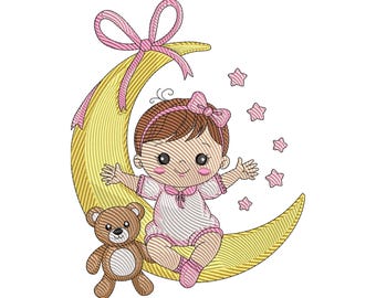 May include: An embroidered design featuring a baby girl sitting on a crescent moon with a teddy bear. The baby wears a pink outfit and bow, with pink stars floating around. The moon is yellow with a pink bow.