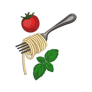 Puede incluir: Ilustración de un tenedor con espaguetis, un tomate rojo y hojas de albahaca verdes. Los espaguetis están enrollados alrededor del tenedor, y el tomate y la albahaca están colocados cerca. La imagen está sobre un fondo blanco.