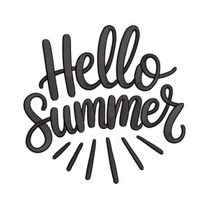 May include: Black cursive text that reads "Hello Summer" with radiating lines below. The design is set against a white background, creating a simple yet eye-catching summer-themed graphic.