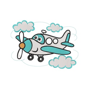 May include: A cartoon airplane with a smiling face, teal wings, and a propeller. The plane is surrounded by fluffy clouds with teal outlines, all set against a white background. The design is likely for children's products.